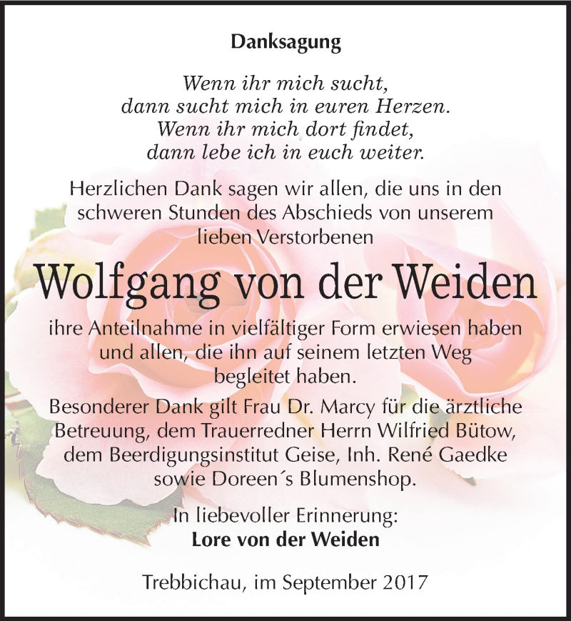  Traueranzeige für Wolfgang von der Weiden vom 14.09.2017 aus Mitteldeutsche Zeitung Köthen