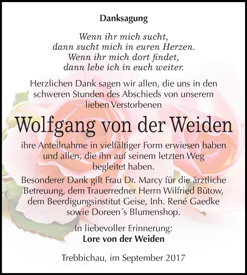  Traueranzeige für Wolfgang von der Weiden vom 16.09.2017 aus WVG - Wochenspiegel Dessau / Köthen