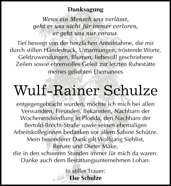 Traueranzeige von Wulf-Rainer Schulze von Mitteldeutsche Zeitung Bitterfeld