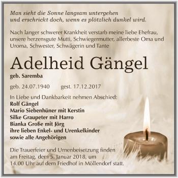 Traueranzeige von Adelheid Gängel von Super Sonntag SGH Mansf. Land