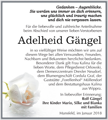 Traueranzeige von Adelheid Gängel von Super Sonntag SGH Mansf. Land