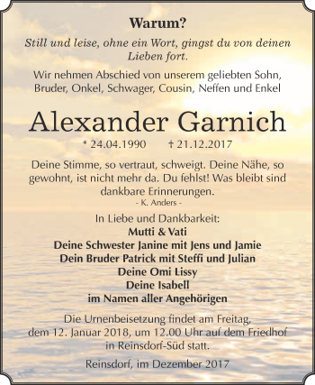 Traueranzeige von Alexander Garnich von Super Sonntag Wittenberg