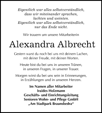 Traueranzeige von Alexandra Albrecht von Mitteldeutsche Zeitung Merseburg/Querfurt