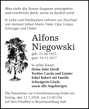 Traueranzeige von Alfons Niegowski von WVG - Wochenspiegel SGH