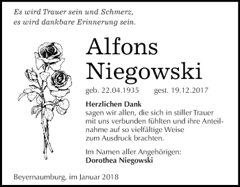 Traueranzeige von Alfons Niegowski von WVG - Wochenspiegel SGH