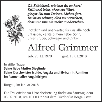 Traueranzeige von Alfred Grimmer von WVG - Wochenspiegel NMB / WSF / ZTZ