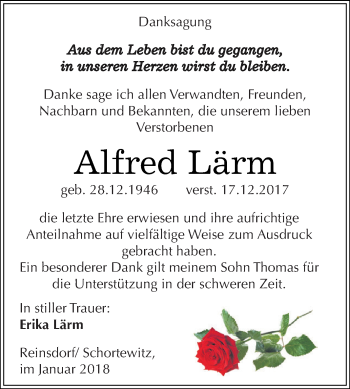 Traueranzeige von Alfred Lärm von WVG - Wochenspiegel Dessau / Köthen
