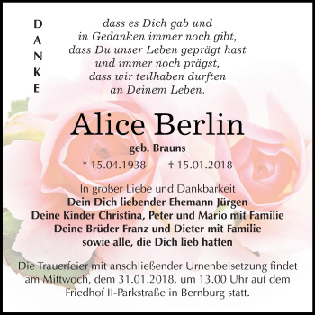 Traueranzeige von Alice Berlin von Super Sonntag Bernburg