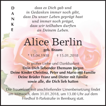Traueranzeige von Alice Berlin von Mitteldeutsche Zeitung
