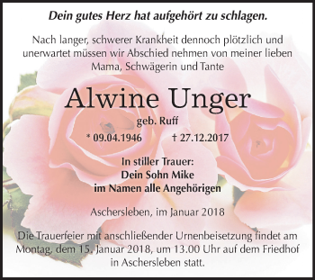 Traueranzeige von Alwine Unger von Mitteldeutsche Zeitung Aschersleben