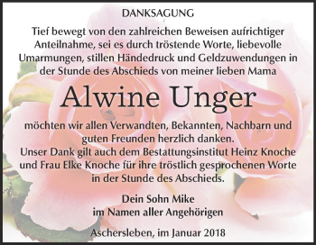 Traueranzeige von Alwine Unger von Super Sonntag Aschersleben