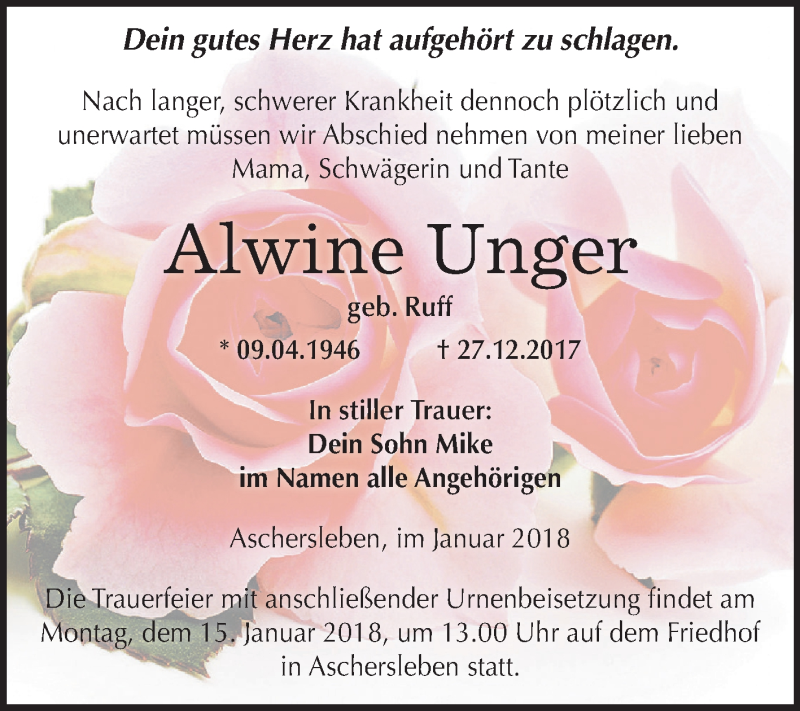  Traueranzeige für Alwine Unger vom 05.01.2018 aus Mitteldeutsche Zeitung Aschersleben