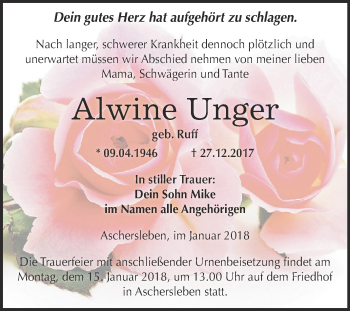 Traueranzeige von Alwine Unger von Super Sonntag Aschersleben