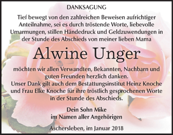 Traueranzeige von Alwine Unger von Mitteldeutsche Zeitung Aschersleben