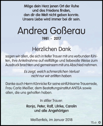 Traueranzeige von Andrea Goßerau von Mitteldeutsche Zeitung Weißenfels