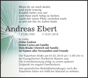 Traueranzeige von Andreas Ebert von Mitteldeutsche Zeitung Bitterfeld
