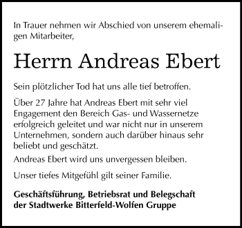 Traueranzeige von Andreas Ebert von WVG - Wochenspiegel Bitterfeld