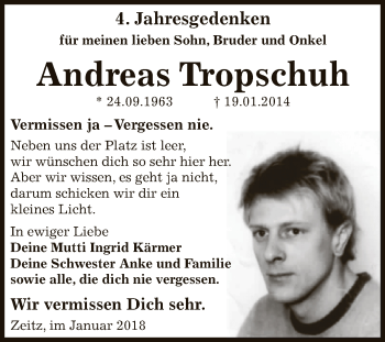 Traueranzeige von Andreas Tropschuh von Super Sonntag Zeitz