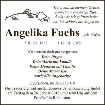 Traueranzeige von Angelika Fuchs von WVG - Wochenspiegel SGH