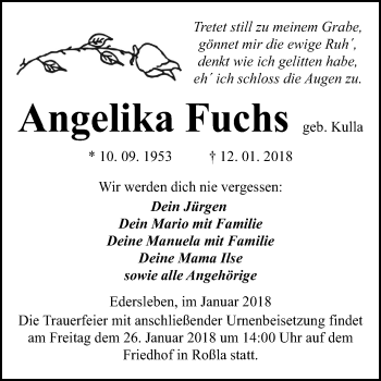 Traueranzeige von Angelika Fuchs von Mitteldeutsche Zeitung Sangerhausen