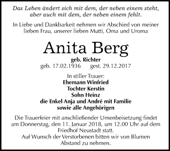 Traueranzeige von Anita Berg von Mitteldeutsche Zeitung Halle/Saalkreis