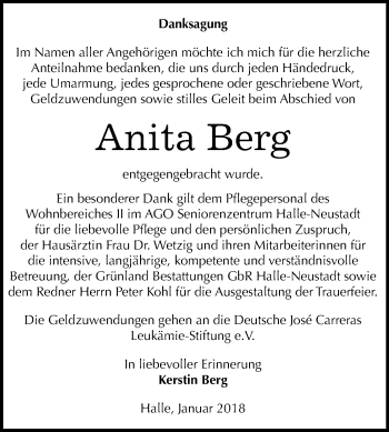 Traueranzeige von Anita Berg von Mitteldeutsche Zeitung Halle/Saalkreis