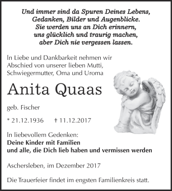 Traueranzeige von Anita Quaas von Super Sonntag Aschersleben