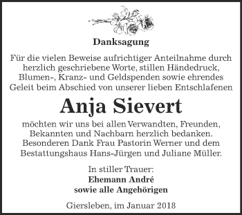 Traueranzeige von Anja Sievert von Super Sonntag Aschersleben