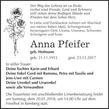 Traueranzeige von Anna Pfeifer von WVG - Wochenspiegel Bitterfeld