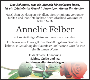 Traueranzeige von Annelie Felber von Super Sonntag Bernburg