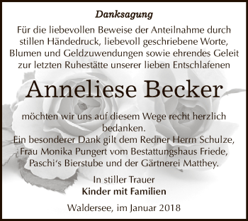 Traueranzeige von Anneliese Becker von WVG - Wochenspiegel Dessau / Köthen