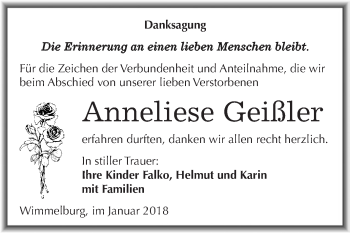 Traueranzeige von Anneliese Geißler von Wochenspiegel Mansfelder Land