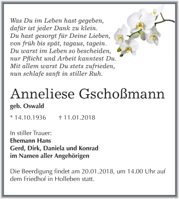 Traueranzeige von Anneliese Gschoßmann von Mitteldeutsche Zeitung Halle/Saalkreis