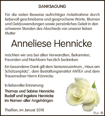 Traueranzeige von Anneliese Hennicke von Super Sonntag Zeitz