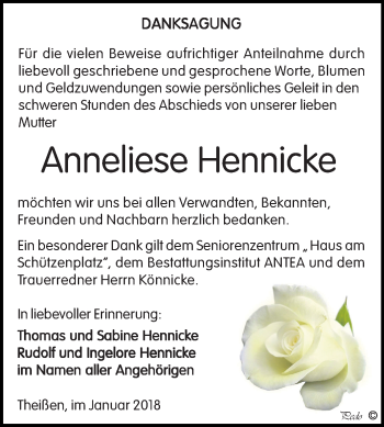 Traueranzeige von Anneliese Hennicke von Mitteldeutsche Zeitung Zeitz