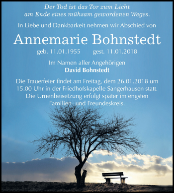Traueranzeige von Annemarie Bohnstedt von Super Sonntag SGH Mansf. Land