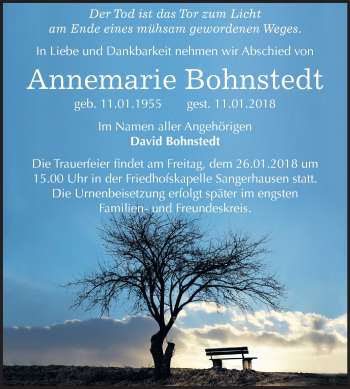 Traueranzeige von Annemarie Bohnstedt von Mitteldeutsche Zeitung Sangerhausen