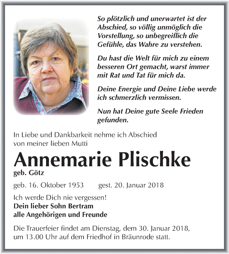  Traueranzeige für Annemarie Plischke vom 27.01.2018 aus Super Sonntag SGH Mansf. Land