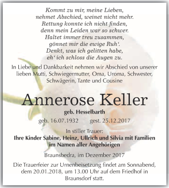Traueranzeige von Annerose Keller von WVG - Wochenspiegel Merseburg