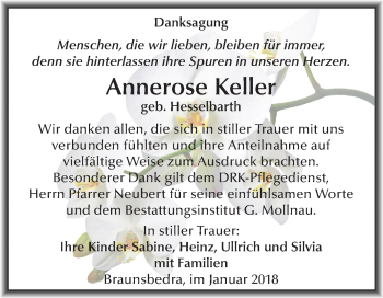 Traueranzeige von Annerose Keller von Mitteldeutsche Zeitung Merseburg/Querfurt