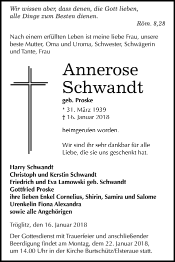 Traueranzeige von Annerose Schwandt von Mitteldeutsche Zeitung