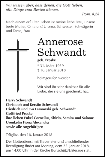 Traueranzeige von Annerose Schwandt von Super Sonntag Zeitz
