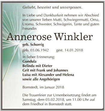 Traueranzeige von Annerose Winkler von Super Sonntag SGH Mansf. Land
