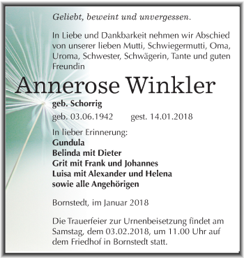 Traueranzeige von Annerose Winkler von Mitteldeutsche Zeitung