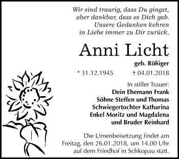 Traueranzeige von Anni Licht von WVG - Wochenspiegel Merseburg