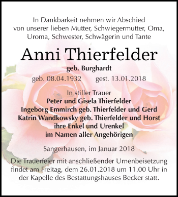Traueranzeige von Anni Thierfelder von Super Sonntag SGH Mansf. Land