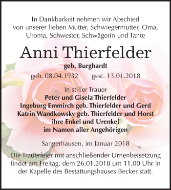 Traueranzeige von Anni Thierfelder von Mitteldeutsche Zeitung Sangerhausen