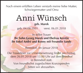 Traueranzeige von Anni Wünsch von Mitteldeutsche Zeitung