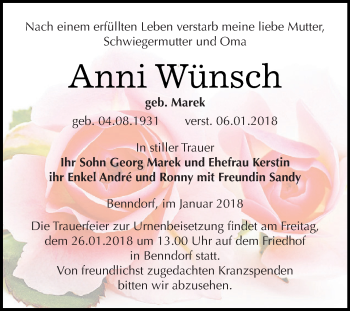 Traueranzeige von Anni Wünsch von Wochenspiegel Mansfelder Land