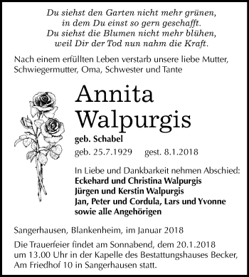 Traueranzeige von Annita Walpurgis von Mitteldeutsche Zeitung